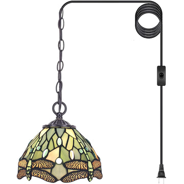 Werfactory® Tiffany Pendant Light Sea Blue Stained Glass Dragonfly Style Wide 8 Inch Hanging Lamp